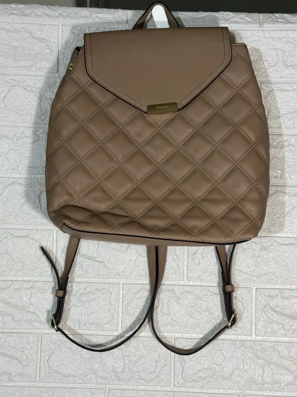 Nine West Taupe Beige Quilted Backpack Purse Gold Tone Hardware